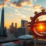 Frankfurt Eurotower és Euro-szimbólum naplemente fényében