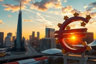 Frankfurt Eurotower és Euro-szimbólum naplemente fényében