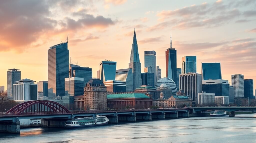 Frankfurt panoráma a Main folyó partján, modern felhőkarcolók