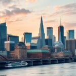 Frankfurt panoráma a Main folyó partján, modern felhőkarcolók