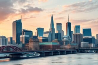 Frankfurt panoráma a Main folyó partján, modern felhőkarcolók