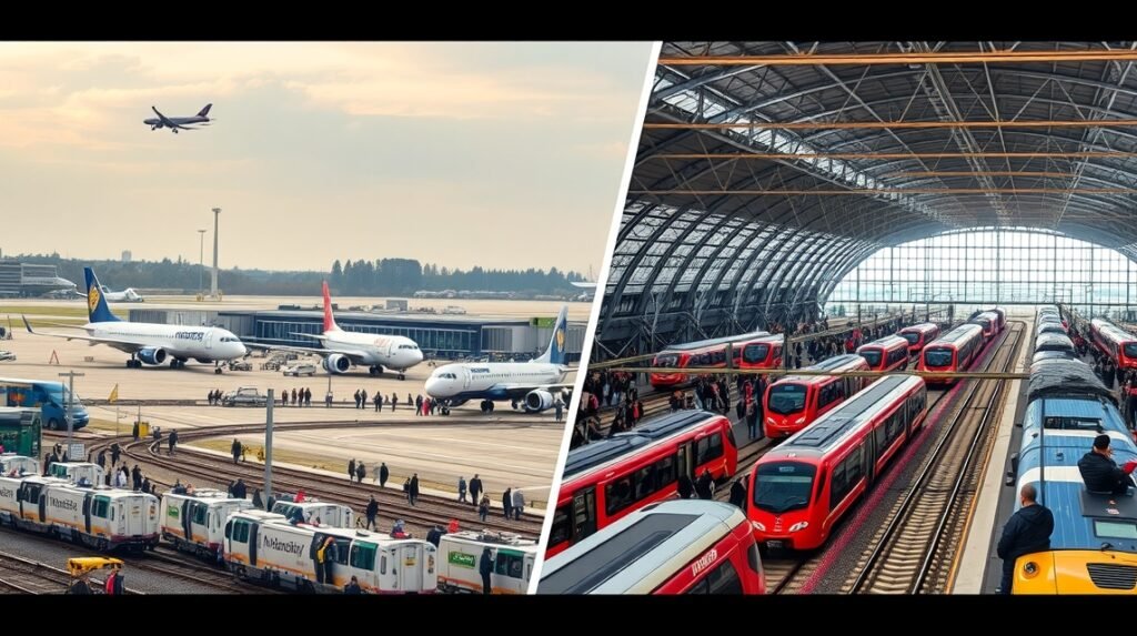 Frankfurt repülőtér és pályaudvar, a város közlekedésének központjai.