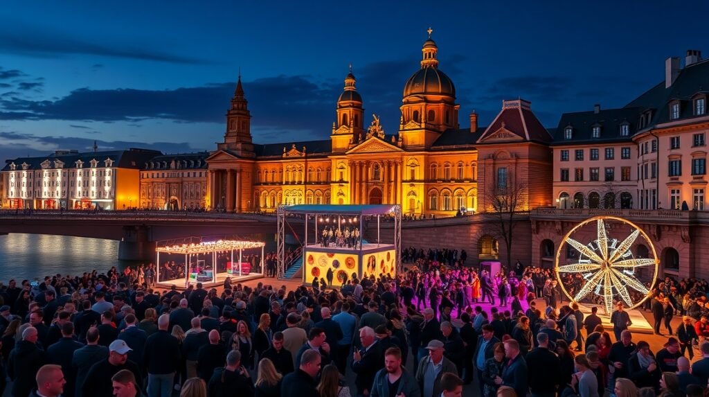 Frankfurti Múzeumpart Fesztivál éjjel, fényekkel és tömeggel