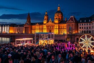 Frankfurti Múzeumpart Fesztivál éjjel, fényekkel és tömeggel