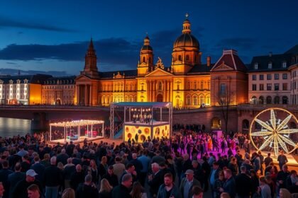 Frankfurti Múzeumpart Fesztivál éjjel, fényekkel és tömeggel
