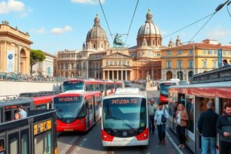 Róma tömegközlekedése buszokkal és villamosokkal a város központjában.