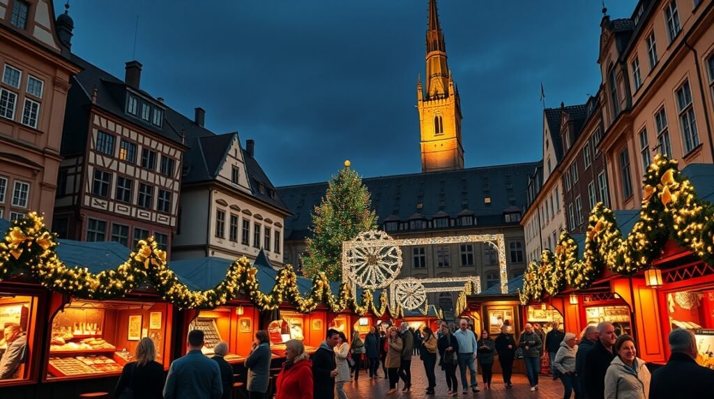 Frankfurt karácsonyi vásár a történelmi Römerbergen, ünnepi hangulatban.