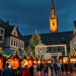 Frankfurt karácsonyi vásár a történelmi Römerbergen, ünnepi hangulatban.