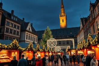 Frankfurt karácsonyi vásár a történelmi Römerbergen, ünnepi hangulatban.