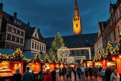 Frankfurt karácsonyi vásár a történelmi Römerbergen, ünnepi hangulatban.
