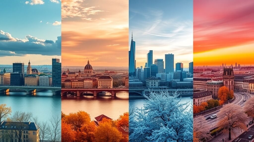 Frankfurt városképek különböző évszakokban.