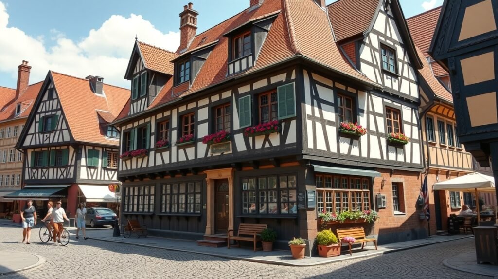 Albrecht Dürer háza Nürnbergben, gyönyörű favázas épület virágokkal.