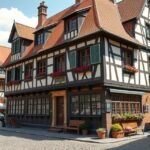 Albrecht Dürer háza Nürnbergben, gyönyörű favázas épület virágokkal.