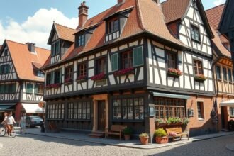 Albrecht Dürer háza Nürnbergben, gyönyörű favázas épület virágokkal.