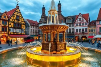 Nürnbergi Szép-kút a történelmi városközpontban, gyönyörű vízjátékkal