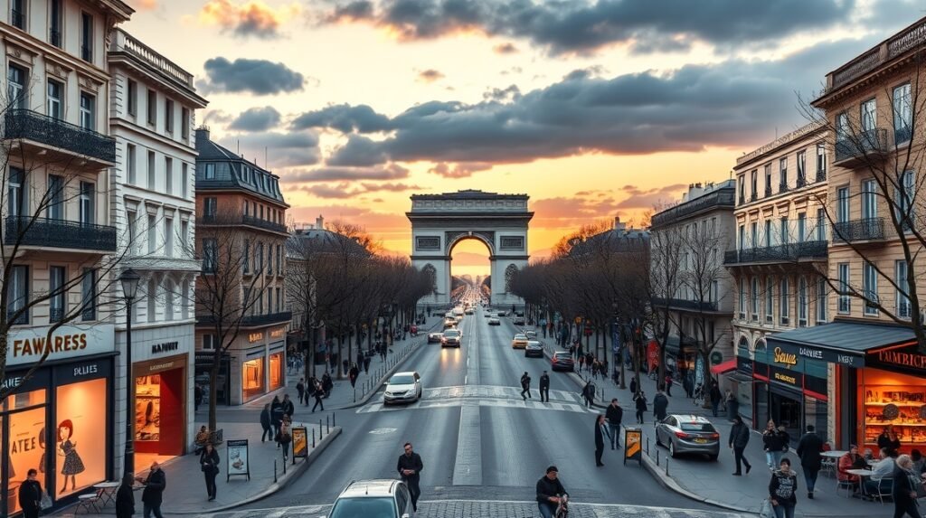 A Champs-Élysées és az Arc de Triomphe látványa naplementében Párizsban.