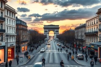A Champs-Élysées és az Arc de Triomphe látványa naplementében Párizsban.