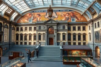 A Germán Nemzeti Múzeum elegáns belső tere, hagyományos műalkotásokkal.