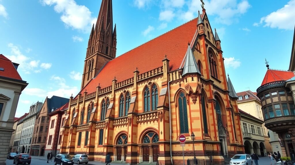 A Szent Sebald-templom panorámája Nürnbergben, gótikus építészet.