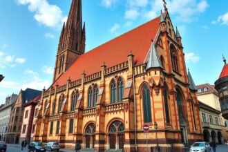 A Szent Sebald-templom panorámája Nürnbergben, gótikus építészet.