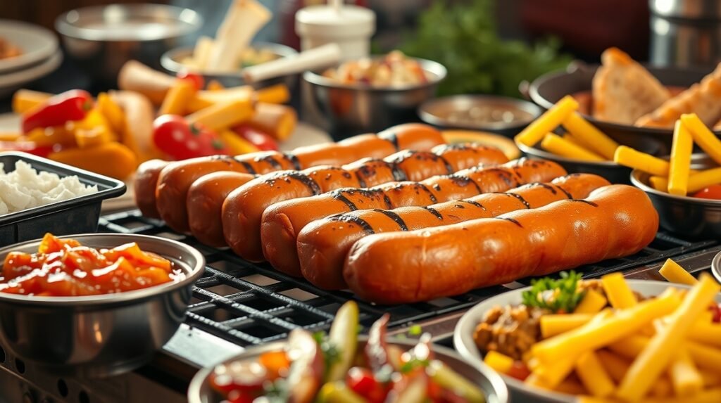 Nürnbergi rostbratwurst és helyi ételek ínycsiklandó tálalása