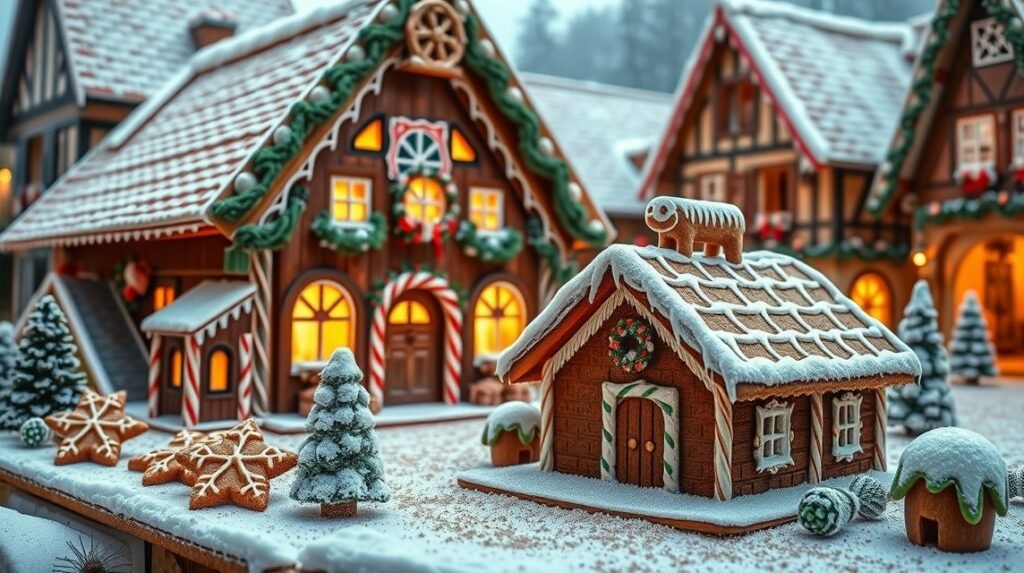 Nürnbergi mézeskalács házikó karácsonyi díszítéssel.