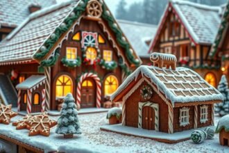 Nürnbergi mézeskalács házikó karácsonyi díszítéssel.