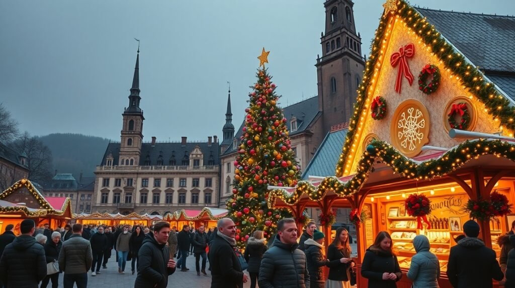 Nürnbergi Christkindlesmarkt karácsonyi vásár havas hangulatban