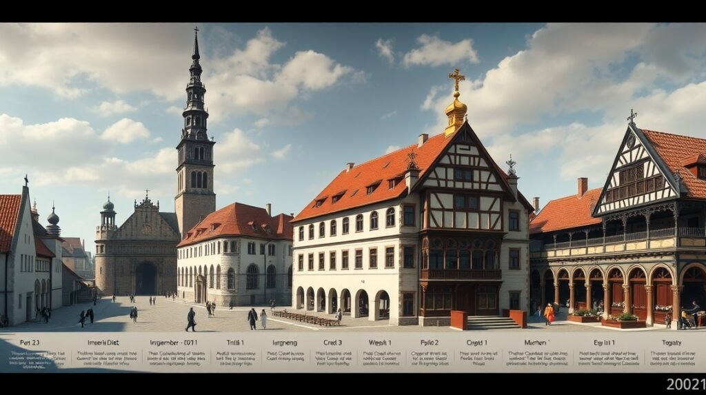 Nürnberg történelmi városkép, középkori épületek, kulturális örökség.