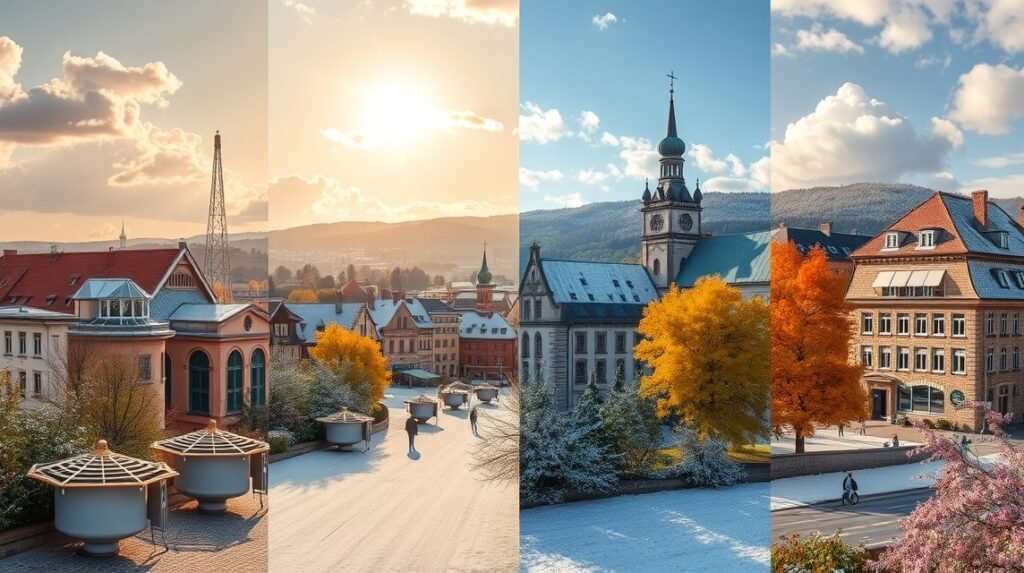 Nürnberg különböző évszakainak látképe, napfényes nyár és varázslatos tél.