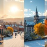 Nürnberg különböző évszakainak látképe, napfényes nyár és varázslatos tél.