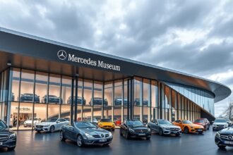 Mercedes-Benz Múzeum Stuttgart modern épülete és autói