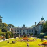 Wilhelma állat- és botanikus kert Stuttgartban, zöld oázis és mór stílusú palota.