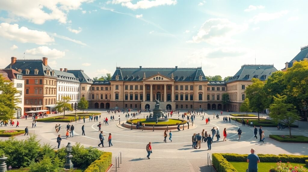 Schlossplatz és az Új Kastély Stuttgartban napfényes időben