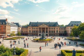Schlossplatz és az Új Kastély Stuttgartban napfényes időben