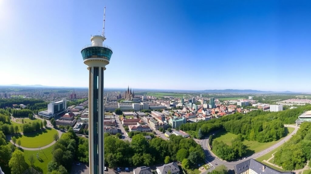 Kilátás Stuttgart városára a Tévétoronyból, zöld terekkel és modern épületekkel.