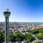 Kilátás Stuttgart városára a Tévétoronyból, zöld terekkel és modern épületekkel.