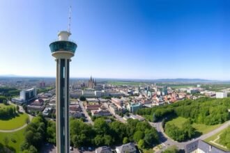 Kilátás Stuttgart városára a Tévétoronyból, zöld terekkel és modern épületekkel.