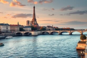 Párizs lenyűgöző látképe a Szajnáról, az Eiffel-toronnyal és híres hidakkal.
