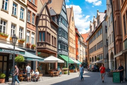 Hangulatos Bohnenviertel utca Stuttgartban, régi házak és kávézók.