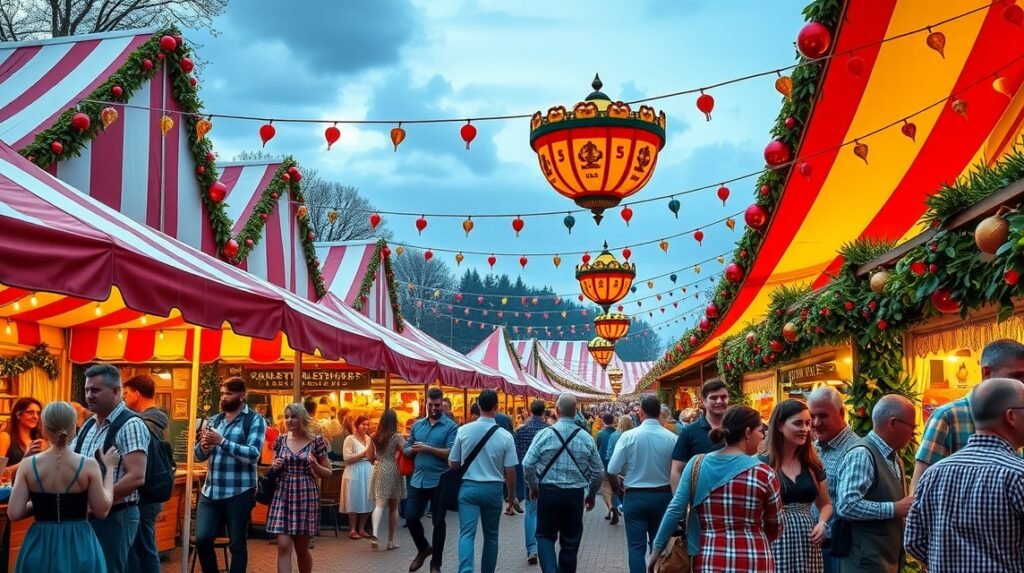 Cannstatter Volksfest sörfesztivál Stuttgart, színes sátrak, vidám emberek.