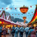Cannstatter Volksfest sörfesztivál Stuttgart, színes sátrak, vidám emberek.