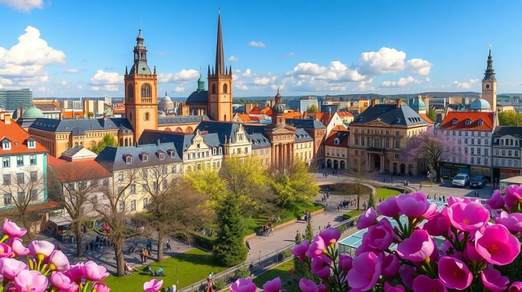 Stuttgart városának tavaszi látképe virágokkal az előtérben.