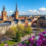 Stuttgart városának tavaszi látképe virágokkal az előtérben.