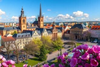 Stuttgart városának tavaszi látképe virágokkal az előtérben.