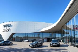 Az Audi Forum épülete Ingolstadtban, modern dizájnnal és ikonikus autókkal.
