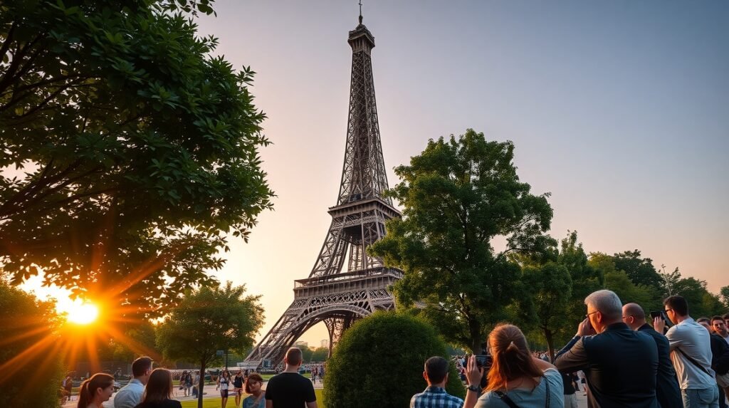 Eiffel-torony Párizsban, naplementében látott torony és látogatók.