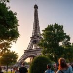 Eiffel-torony Párizsban, naplementében látott torony és látogatók.