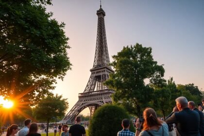 Eiffel-torony Párizsban, naplementében látott torony és látogatók.