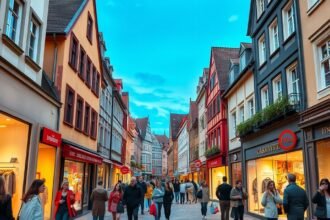 Ingolstadt belvárosában, vásárló emberekkel teli utcán.